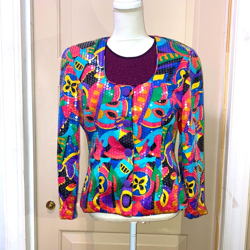RARE VINTAGE Psychedelic print clear sequin made in Korea buttonfront 80s jacket